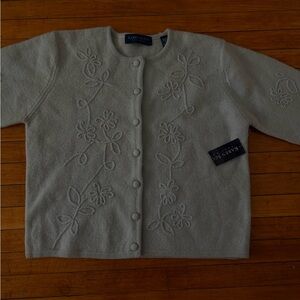 Karen Scott pure wool light blue cardigan with embroidered floral design